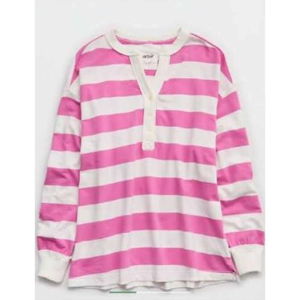 NEW Aerie Womens top XL Sweatshirt Henley shirt Poolside Terry Pink white stripe
